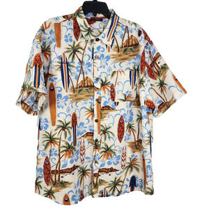 Lowes Hawaiian Shirt Mens XXL Surfboard Volcano Palm Tree Floral Button Pocket